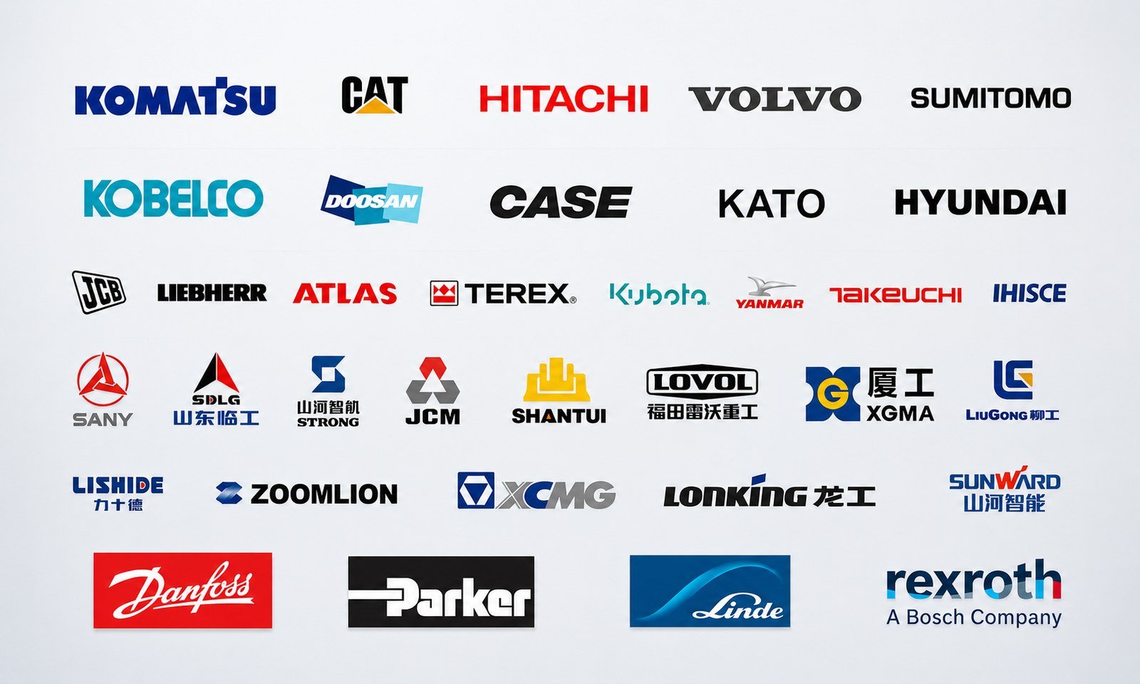 Machine and component brands H-STAR supplies parts for, including Komatsu, Caterpillar, Hitachi, Volvo, Kobelco, Case, Danfoss, Parker and Rexroth